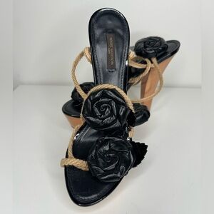 Louis Vuitton Black Leather Floral Appliqué Rope Strap Sandals Sz 38